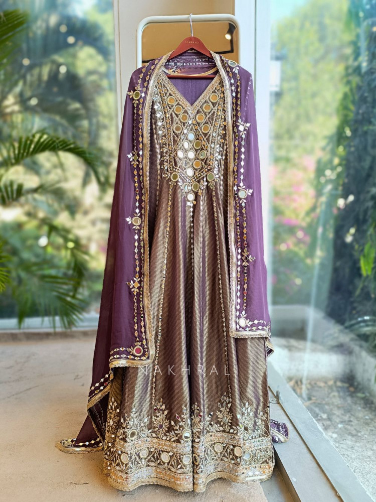 Image of Charika Purple Anarkali with Mirror and Zari Work