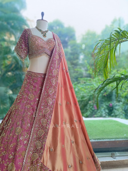 Mist Wine Gajji Silk Lehenga Set