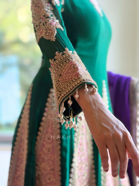 Pravika Emerald Green Silk Blend Short Anarkali Set