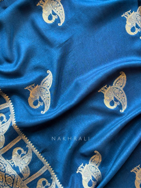 Tavira Teal Blue Saree with Broad Border and Unstitched Blouse Piece