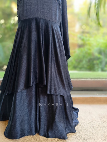 Shadow Fish-Cut Dark Navy Blue  Shimmer Metallic Georgette Silk Indo-Western Lehenga