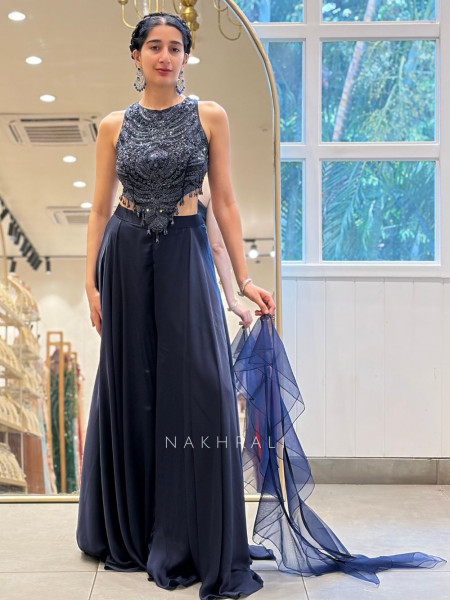 Sapphire Blue Net Indo Western Palazzo Lehenga Set with Zardozi Cutdana Work