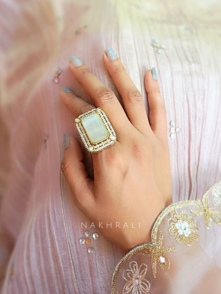 Ethereal Glow Rectangle Cocktail Ring with White Stone & CZ Accents