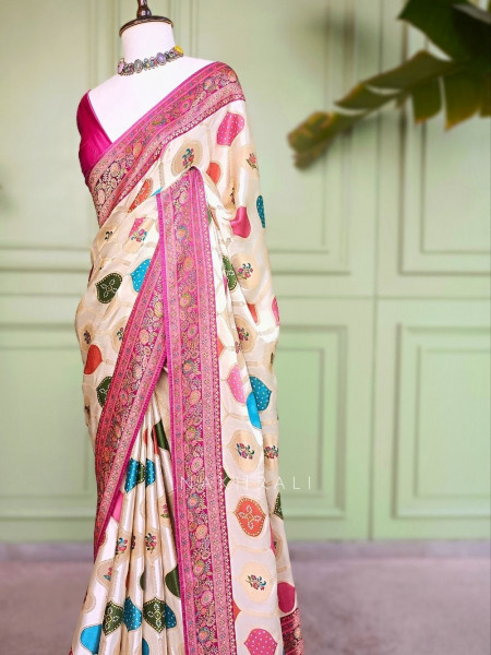 Tarang-Rang Cream Banarasi Silk Saree Patola Zari Weaving