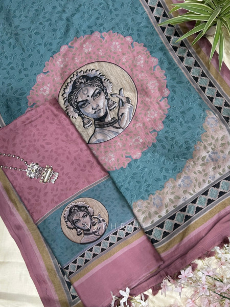 Chitramaya Pink Modal Silk Kalamkari Dress Material