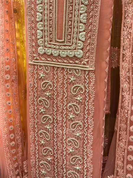 Avarna Peach Pearl Beads Embroidered Dress Material