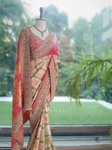 Vasantha Patola Fusion Red Saree with Readymade Blouse