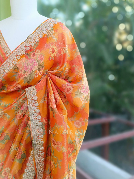 Ishaya Orange Floral Saree with Embellished Border