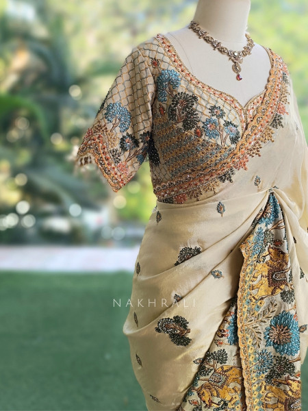Shikargarh Cream Satin Crepe Designer Saree with Readymade Blouse