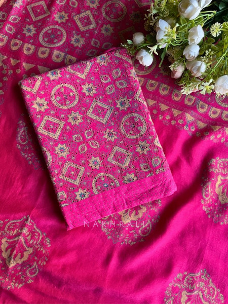 Rivana Magenta Printed Dress Material with Handcrafted Motif Work