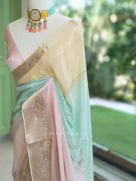 Mridurekha Pastel Pink Chinnon Saree with Running Blouse