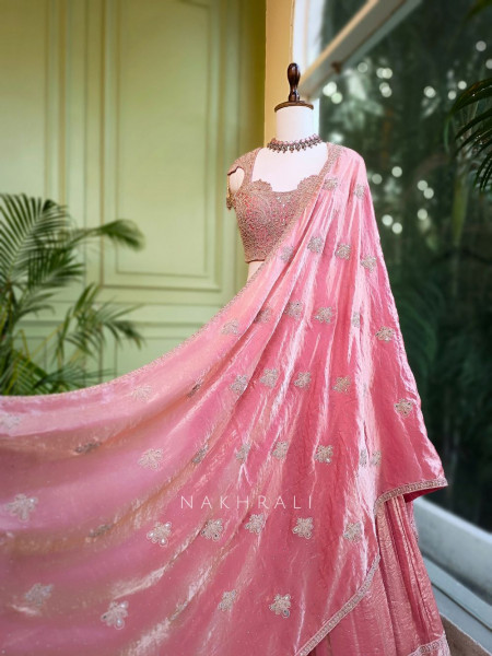 Elysia Peach Tissue Silk Lehenga Set with Embroidered Detailing
