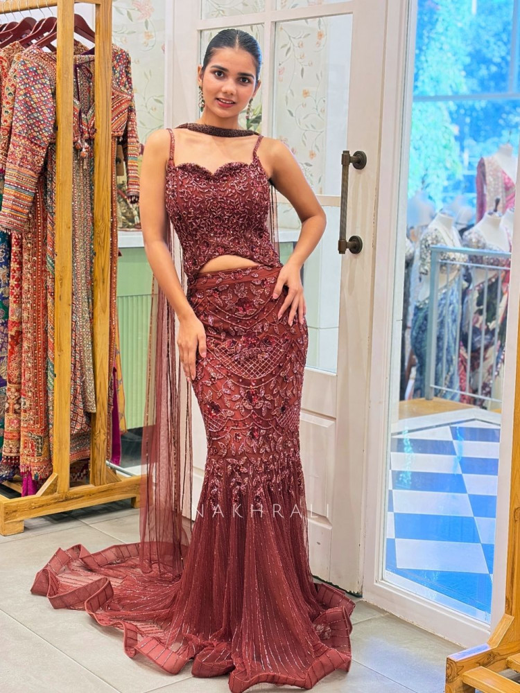 Image of Elara Wine Sequin Indo-Western Lehenga Set