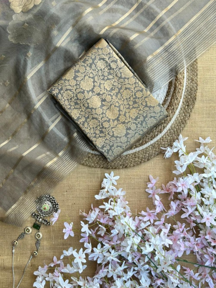 Image of Reshmi Maheshwari Grey Dress Material with Zari Stripe Dupatta