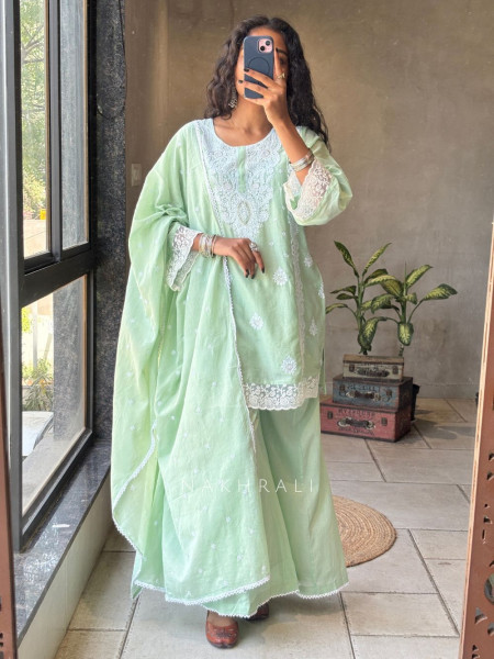 Meher Light Green Cotton Blend Chikankari Kurta Set with Lace Detail
