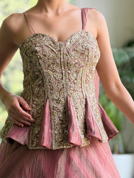 Bespoke Bloom Onion Pink Crushed Shimmer Tissue Fusion Lehenga