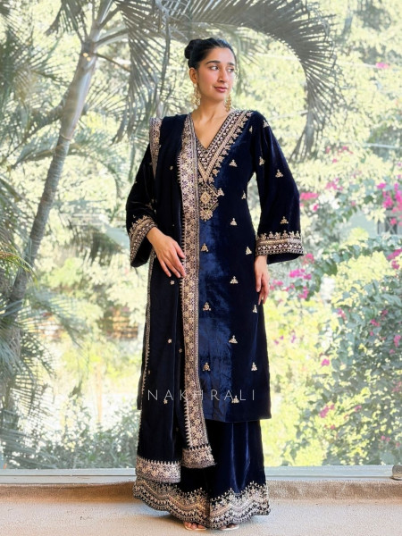 Neelora Navy Velvet Zari Suit Set with Sequin Work