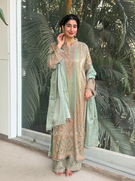 Zariya Sea Green Suit Set with Cut Dana and Zari Work