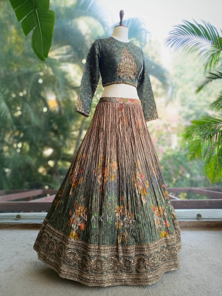 Olive Garden Printed Lehenga with Embroidered Blouse and Sequin Detailing