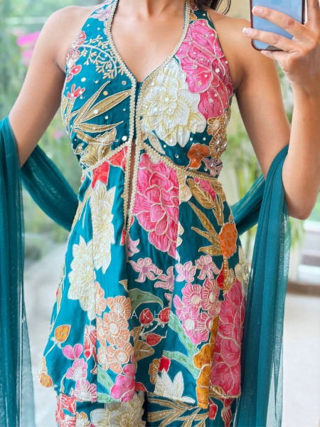 Firdaus Halter Teal Blue Indo Western Palazzo Suit Set With Floral Embroidery
