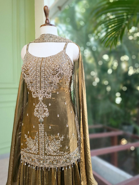 Torin Brown Silk Palazzo Suit Set with Mirror Embroidered Kurti