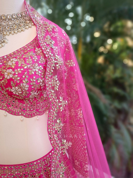 Ravya Pink Mirror and Beads Work Lehenga Set