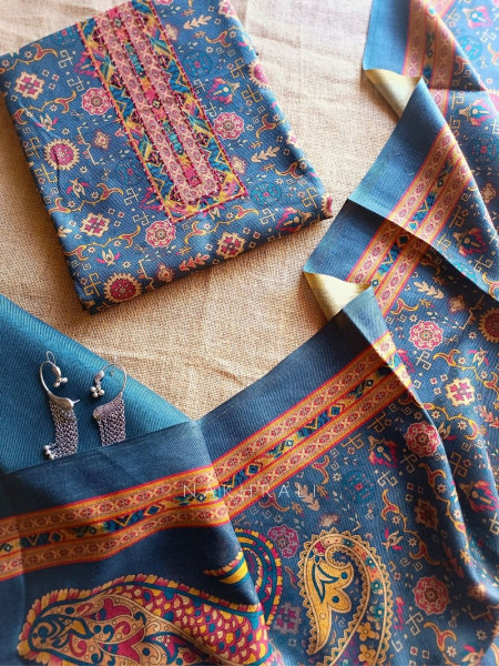 Heritage Blue Woolen Printed Dress Material