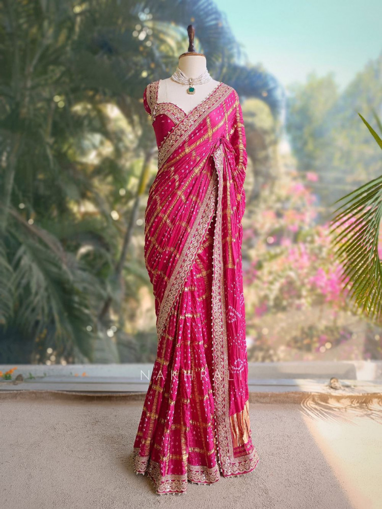 Image of Noor-E-Riwaayat Magenta Bandhani Saree with Zari Border