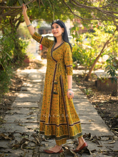 Umrao Mustard Angrakha Cotton Kurta Pant Set