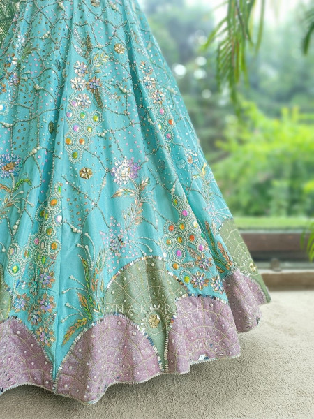 Ishvika Sky Blue Slub Silk & Tulle Carnival Lehenga Set