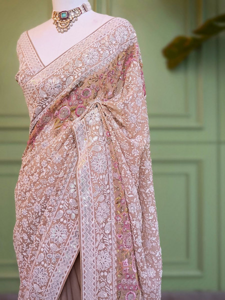 Ecru Grace Brown Embroidered Elegance Saree with Sequin Detailing