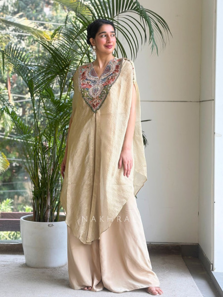 Ruhira Beige Kaftan Set with Multicolor Embroidered Yoke