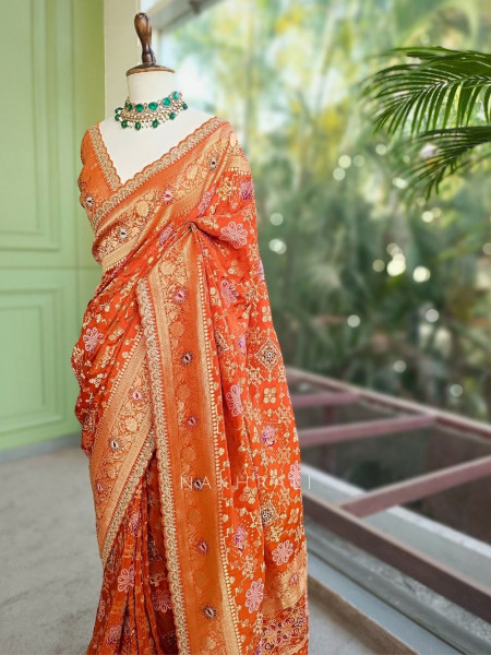 Anant Bindu Orange Bandhani Print Saree with Sequin Border