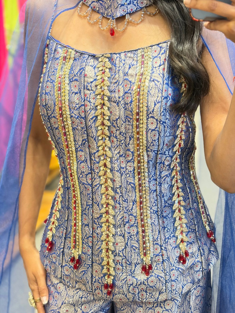Image of Zarelle Blue Brocade Indo-Western Corset Set with Cape Dupatta