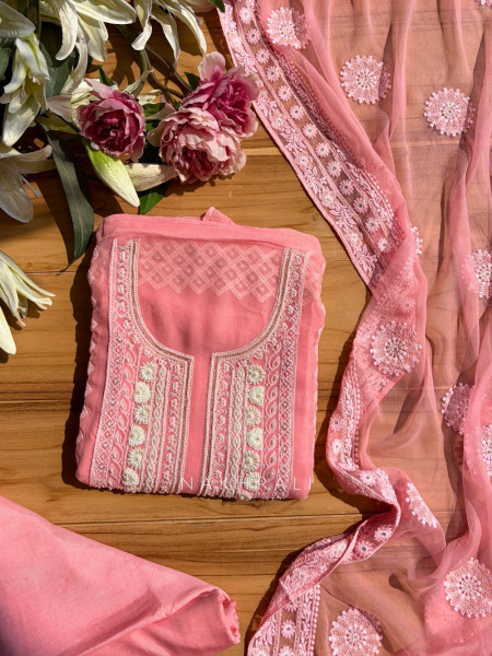 Avarna Peach Pearl Beads Embroidered Dress Material