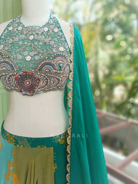 Harit Multicolour Indo Western Lehenga Set with Embroidered Blouse & Printed Skirt