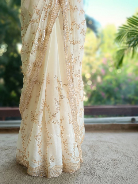Rimsun Cream Sequin & Bead Embellished Saree