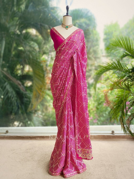 Aarvika Pink Bandhani Saree with Gota and Zari Border