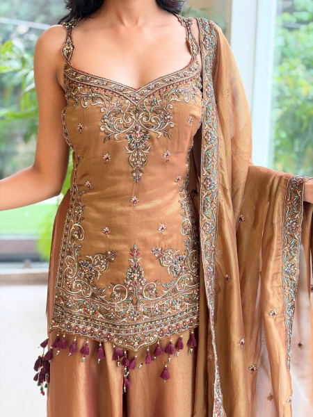 Autumn Dusk Brown Metallic Tissue Silk Kurti Palazzo Set