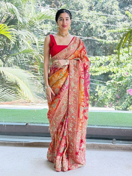 Rangraas Orange Pure Gajji Silk Saree with Running Blouse Piece