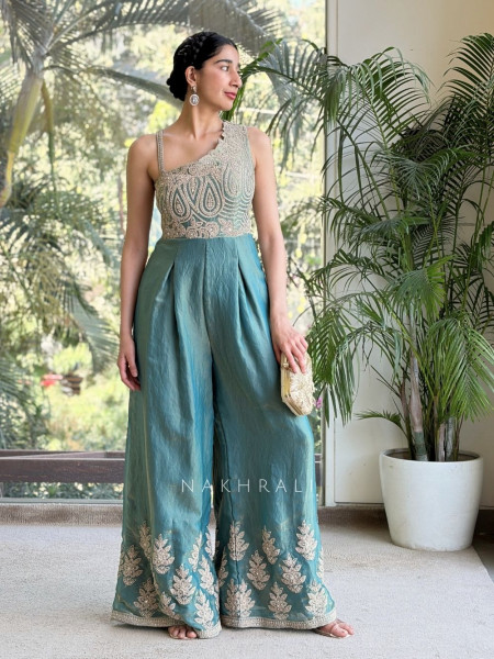 Riyansh Green Embroidered Jumpsuit with Mirror and Stone Work