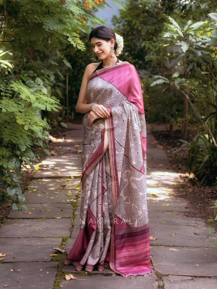Image of Pranay Pink Silk Saree with Abstract Motifs