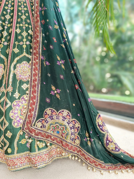 Mrinalika Green Gaji Silk Lehenga Set With Zardozi Resham & Jharokha Work