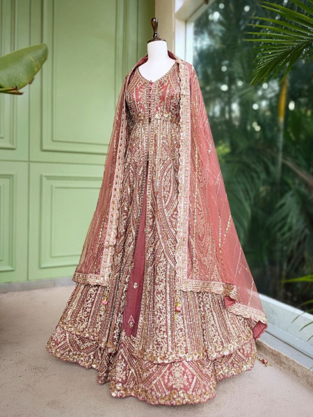 Blush Bloom Pink Achkan Pattern Lehenga with Zari Sequin Work