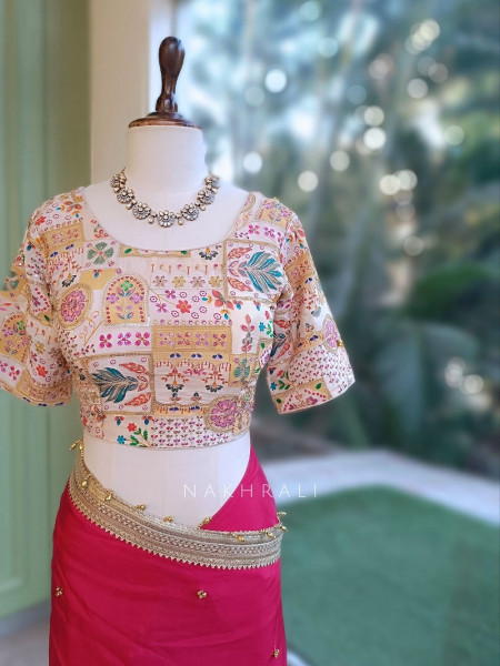 Rati Magenta Saree with Gota Patti Border & Multicolor Embroidered Readymade Blouse