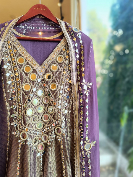 Charika Purple Anarkali with Mirror and Zari Work