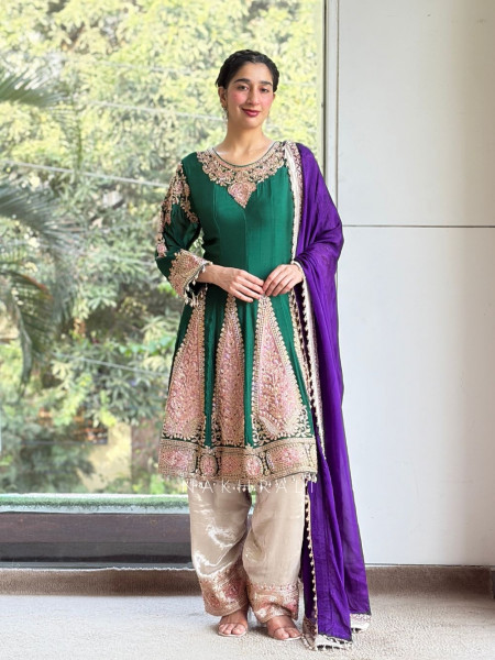 Pravika Emerald Green Silk Blend Short Anarkali Set