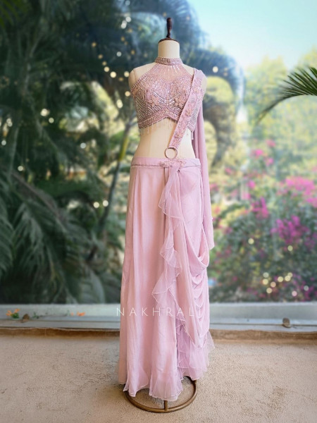 Elira Purple Drape Saree with Embellished Halter Blouse