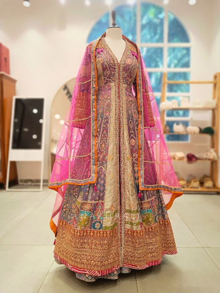 Anika Multicolor Achkan Lehenga Set with Zari Sequin Gota Work