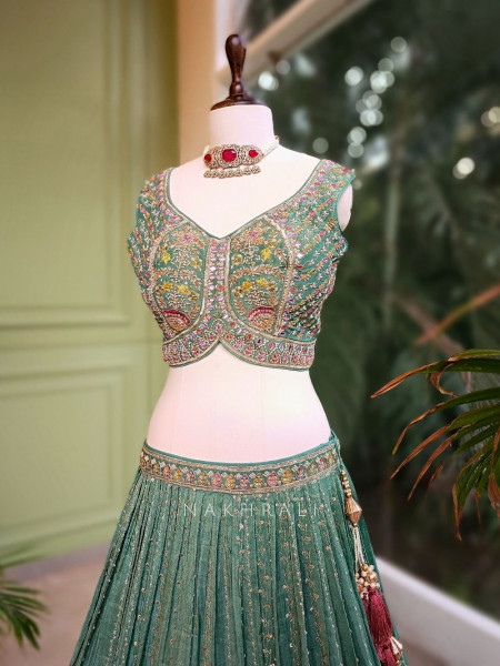 Emerald Glow Green Lehenga with Zardozi Embroidery